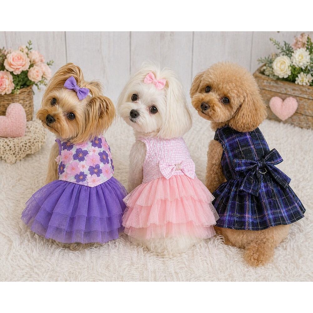 Lot of 3 Small Dog Dresses Tutu Plaid Floral Pet Outfit Bundle